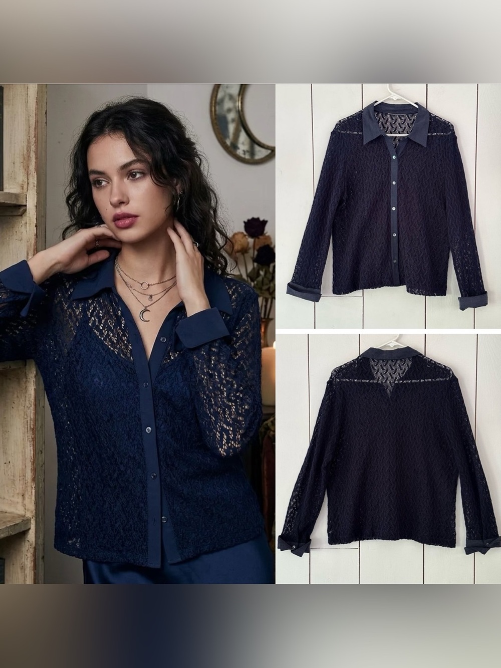 Vintage All-Over Lace Button-Up Top M-L Navy Whimsigoth Vamp Romantic